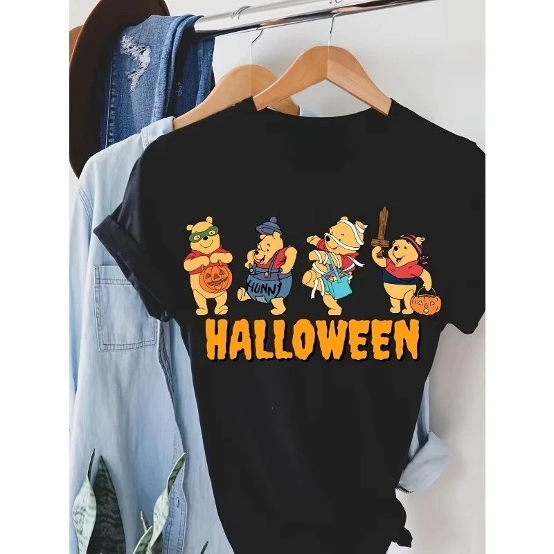 

MINISO Halloween Cute Pooh Bear Cartoon Print T-shirt Disney Women New Plus Size American Fashion Loose Casual Short-sleeved Top