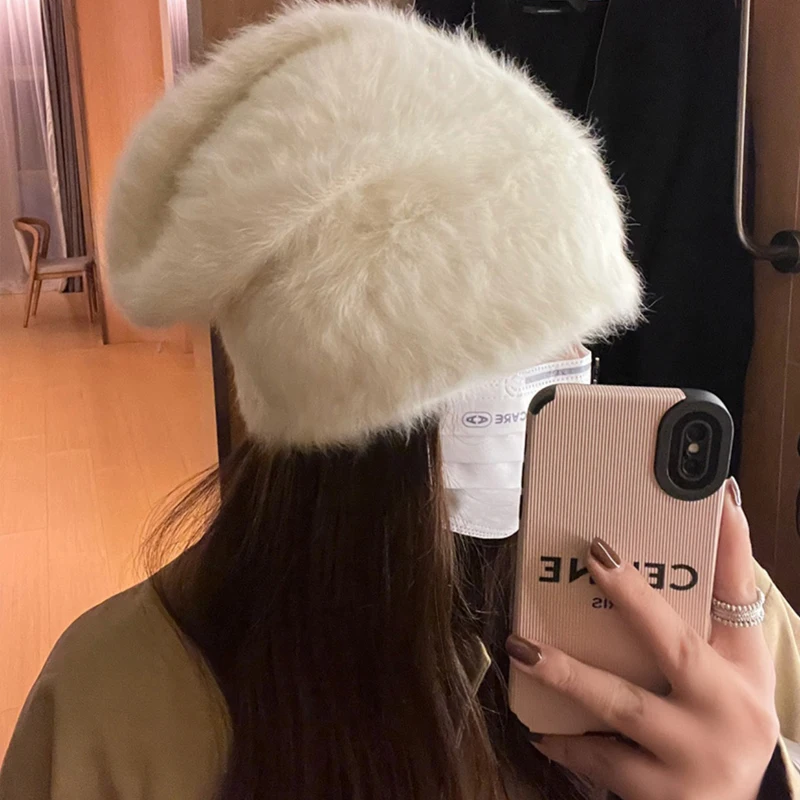 Angora Rabbit Fur Winter Hat for Women Knitted Fluffy  Beanie Ladies Fashion Warm Plush Skull  Thick Fleece Hats wholesale