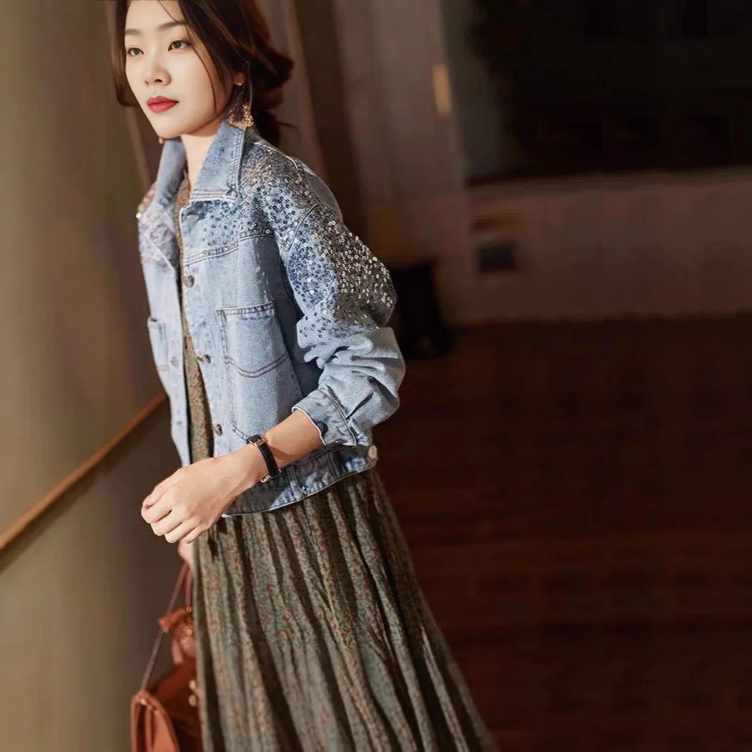 Women's Sequin Embellished Denim Jacket, Washed Blue Oversized Sparkle Coat, Y2K Party Streetwear Outerwear