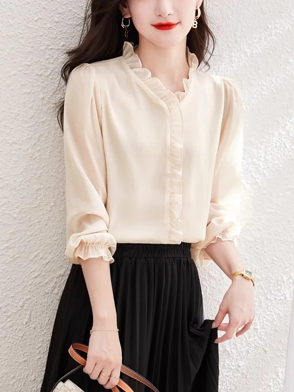 

Spring Autumn Winter Wooden Long Sve Women's Chiffon irt Loose Versatile Sli Top Quali Polyester Fiber