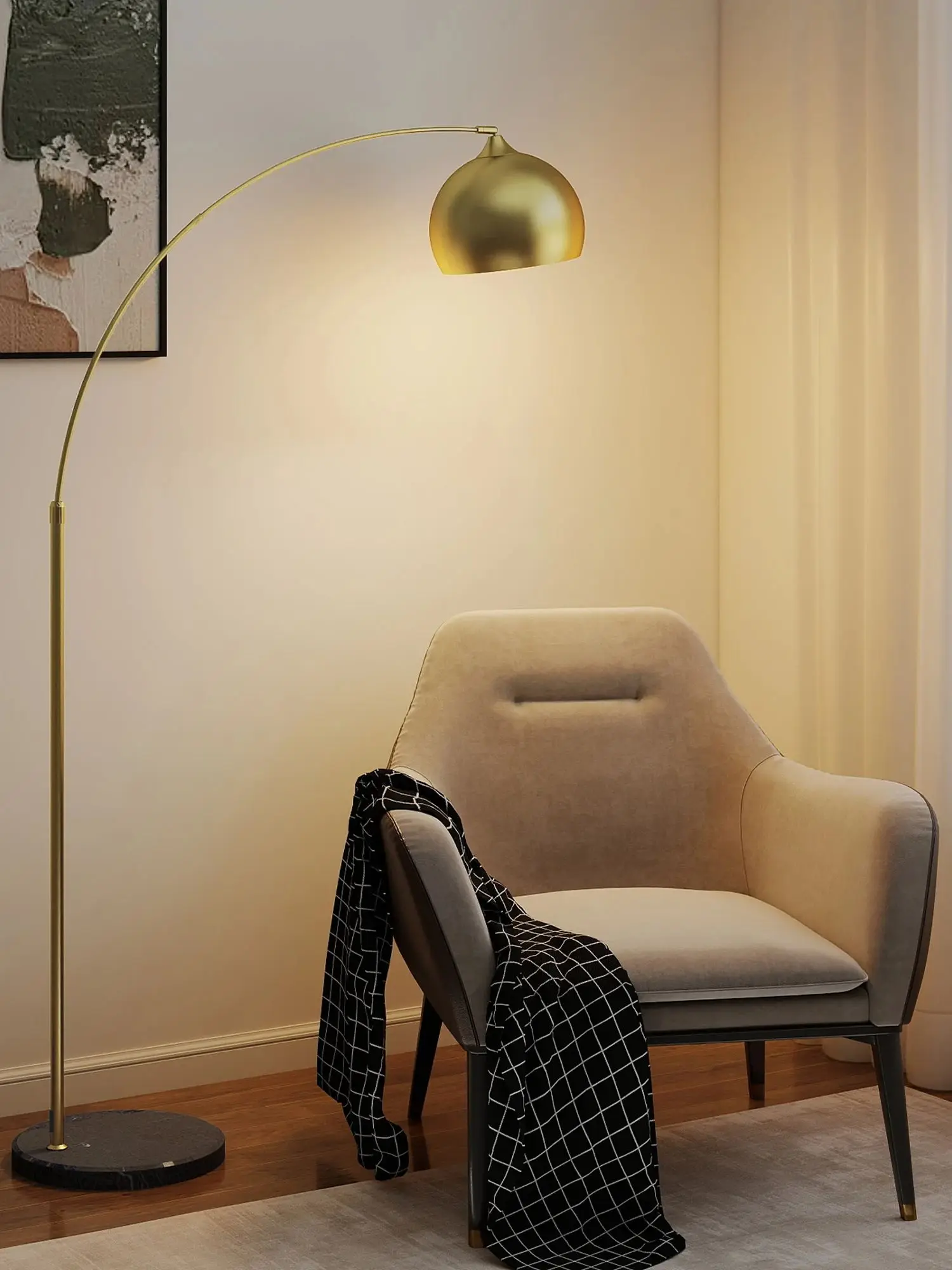 Homcom moderne boogvloerlamp, 40W vloerleeslamp voor E27-lamp met verstelbare hoogte en lengte, voetschakelaar, voor woonkamer, slaapkamer, kantoor, 110-115x35x170-180 cm, goud - afbeelding 2