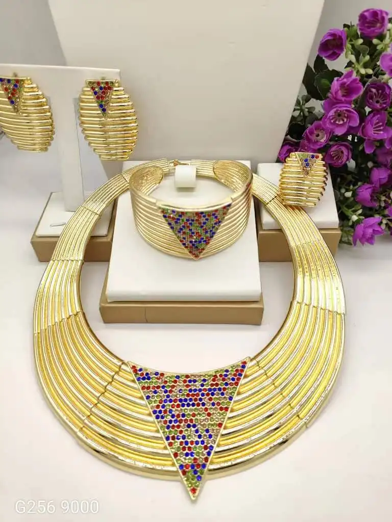 

Dubai Luxury Gold Color Necklace Earrings Ring Set for Women Noble Fashion Design Jewelry Gift for Party Nigeria Bride New In