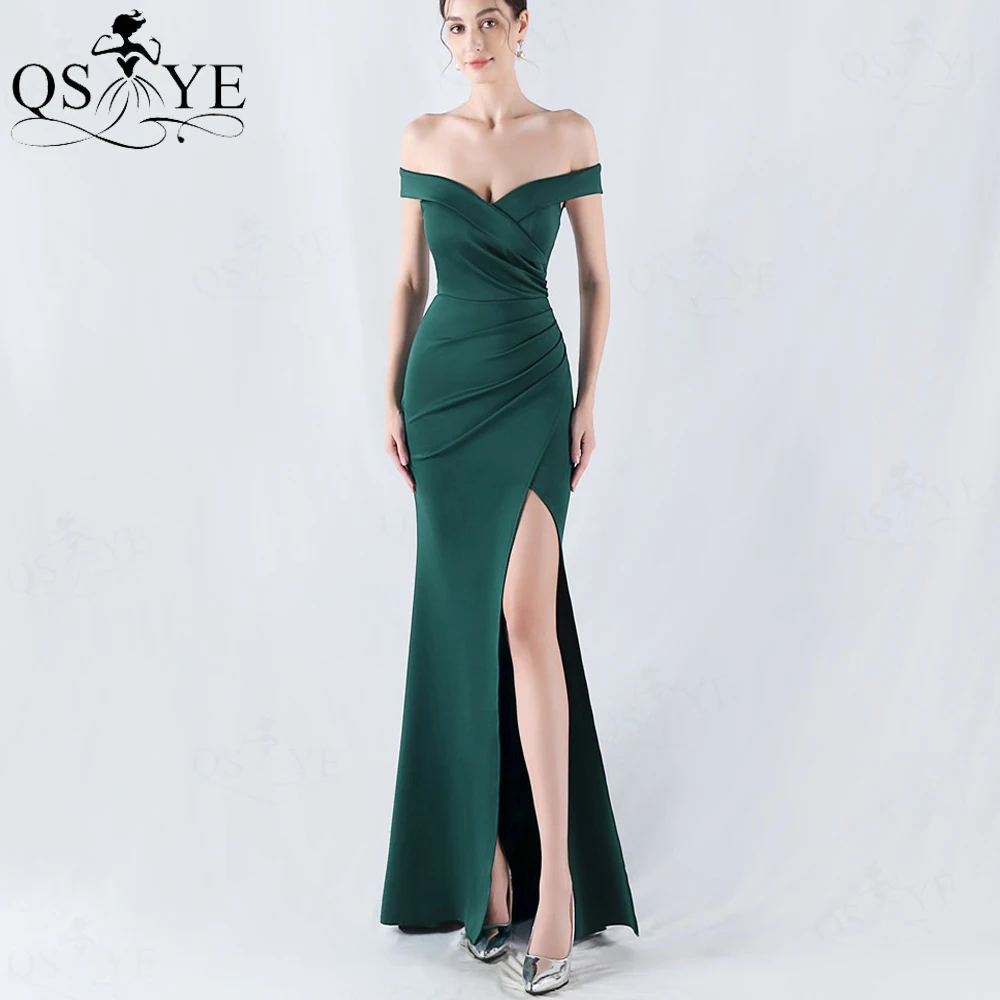 QSYYE Green Evening Dresses Elastic Mermaid Off Shoulder Split Formal Gown Strapless Neck Crisscross Fit Prom Party Dress Slit