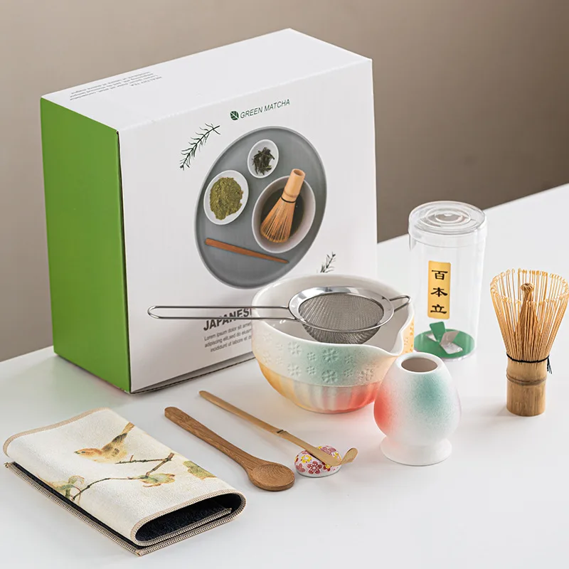 8 PCS Matcha Set  Colorful Matcha Whisk Set Ceremonial Chawan Bamboo Whisk Glazed Teaware Song Dynasty Style Tea Ceremony Gift