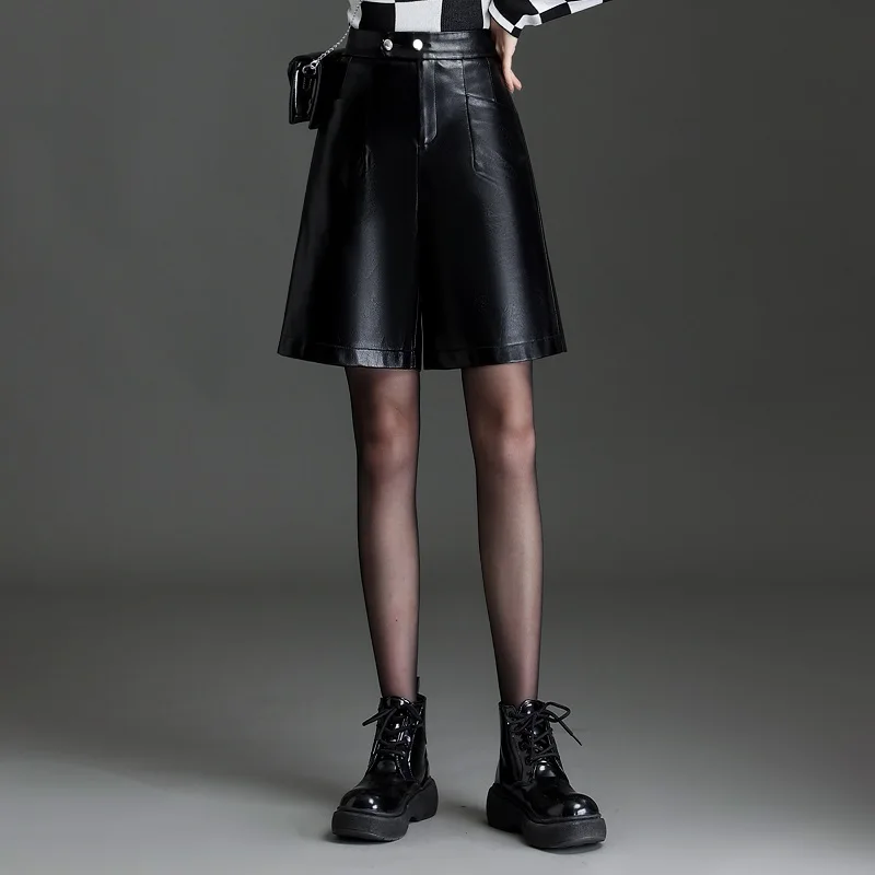 ZUZK  PU Leather Bermuda Shorts For Women Loose Shorts Autumn Winter Motorcycle Punk High Waist Fashion Bermuda Shorts Femme
