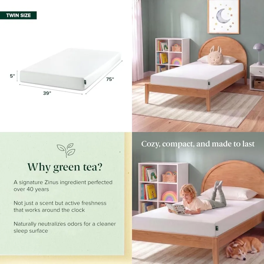 

5 Inch Twin Green Tea Memory Foam Mattress [New Version], Fiberglass Free, Medium Firm Feel, Zoned Pressure Relief, Certified Safe Foams & Fabric, Mattress in A Box
