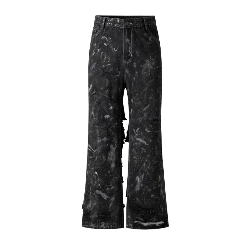 American High Street Mud Worn and Torn Big Damage Graffiti Jeans Men's Fashion Brand Bell-Bottoms Wide-Leg2024New Men's Clothing