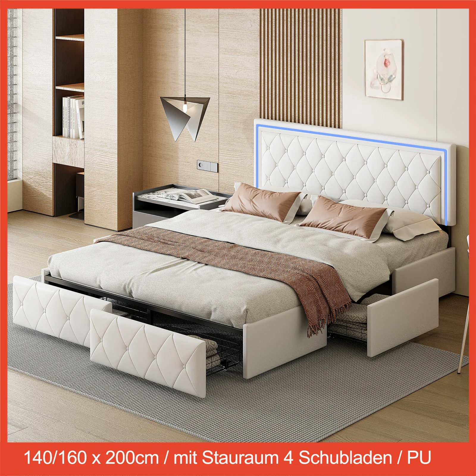 Lazyspace Cama doble tapizada con 4 cajones, cabecero con LED, estructura de cama, 140/160x200 cm, blanco, sin colchón