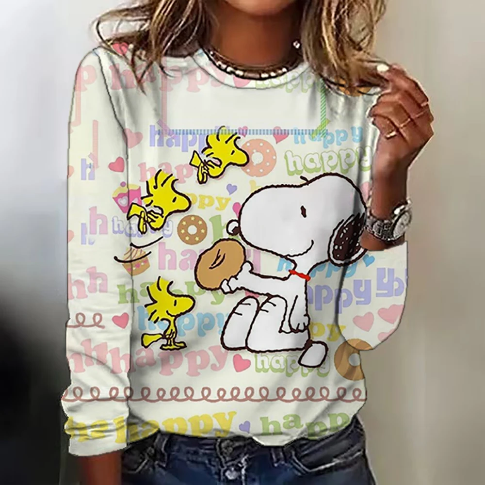 سنوبي مطبوعة خمر المرأة تي شيرت الخريف قميص قطني بكم طويل تي شيرت بلايز مصمم عادية فضفاض س الرقبة النساء الملابس