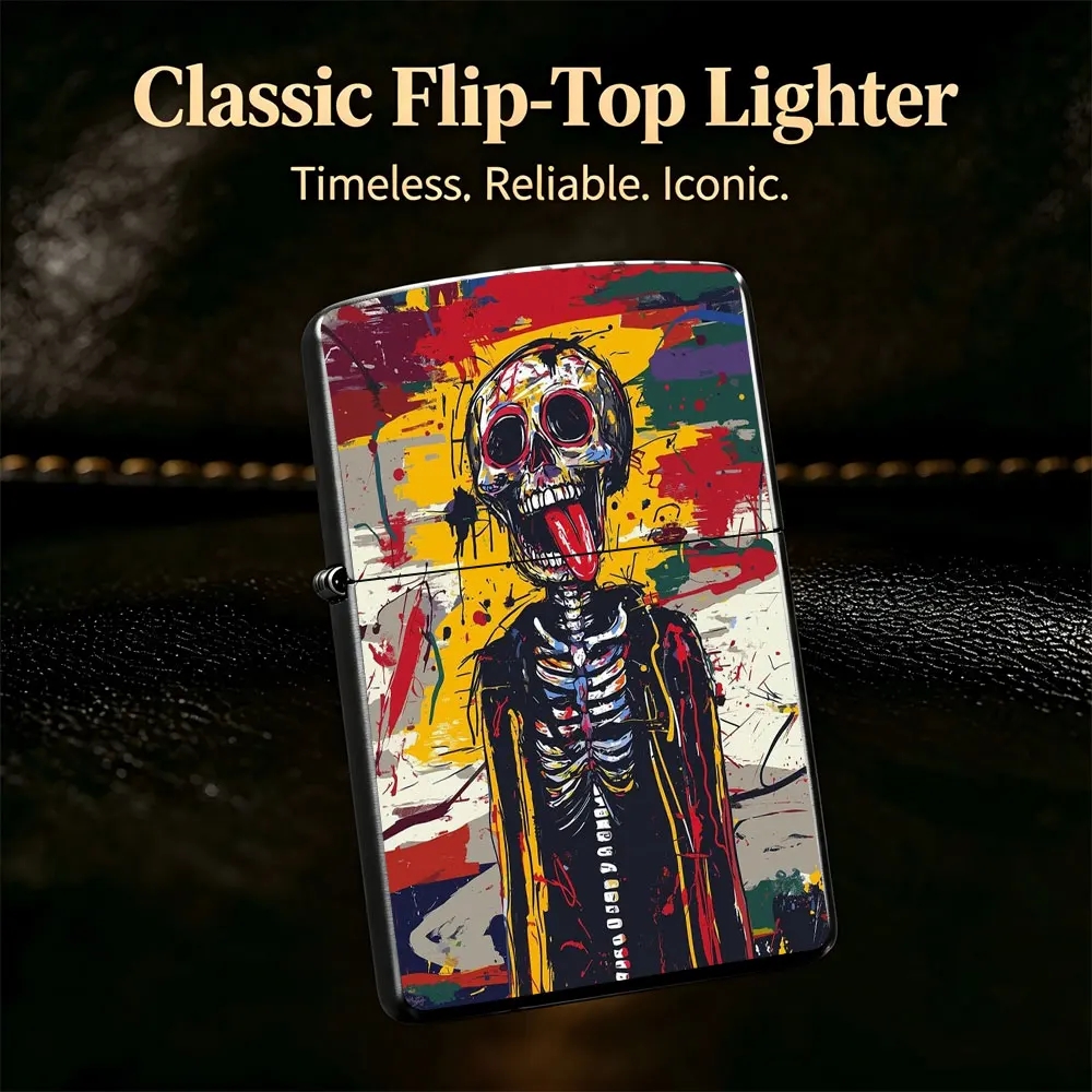 Pocket Lighter, Skeleton with Red Tongue Print, Flip-Top Windproof Design, Metal Case, Comfortable Grip, Refillable, Cool Trendy Gift