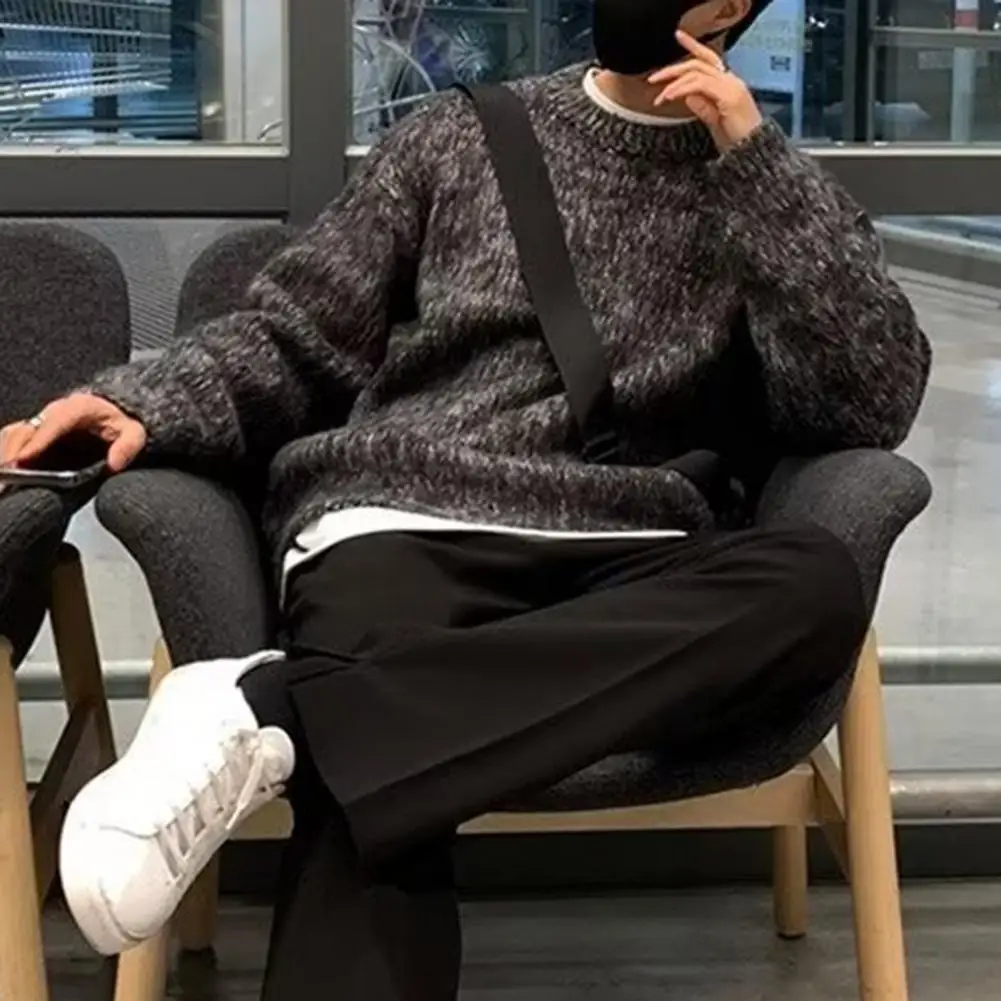 Mode Männer Pullover dick gestrickt Rundhals ausschnitt Retro warm elastisch Langarm Pullover mittellang männlich lässig Pullover Männer Pullover