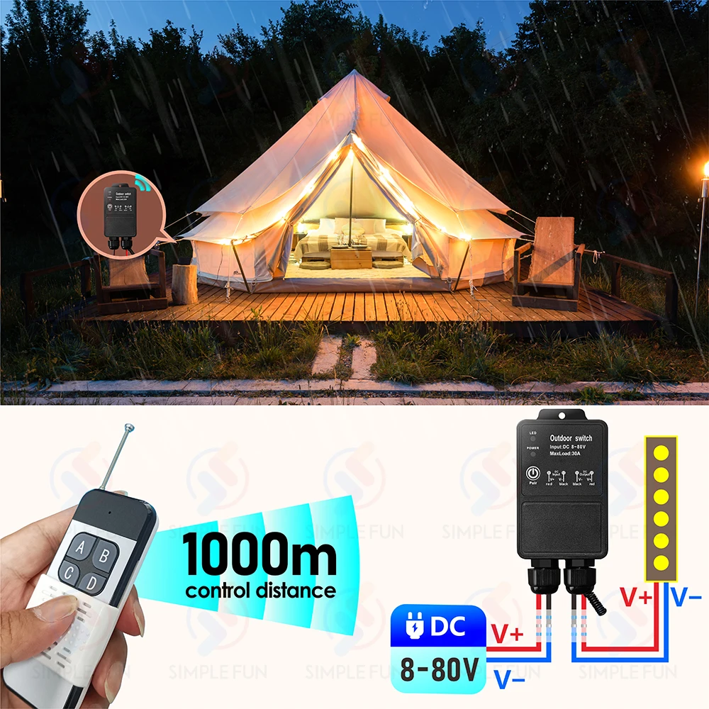 433Mhz Wireless DC 12V 24V 36V 48V 72V Remote Control Switch Waterproof 30A High Power 1000m Control Range for Light Pump Fan