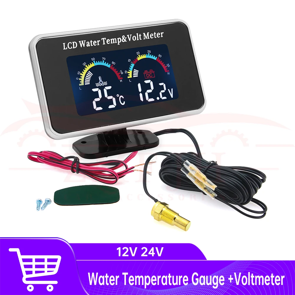2 in 1 Su Sıcaklık Göstergesi + Voltmetre Sıcaklık Sensörü ile 10mm LCD Araba Dijital Ölçer Su Geçirmez 12 V 24 V Araba Kamyon