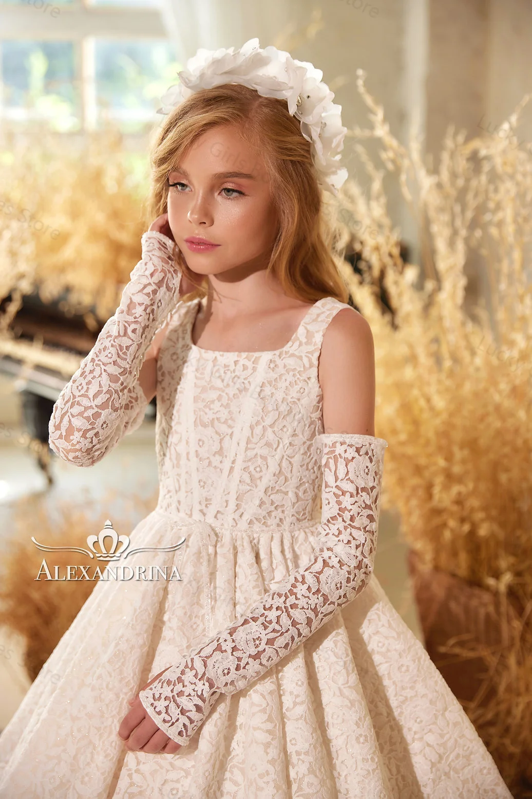 Ivory Flower Girl Dresses for Wedding Lace Children Birthday Party Gowns Detachable Long Sleeves Kids First Communion Dresses