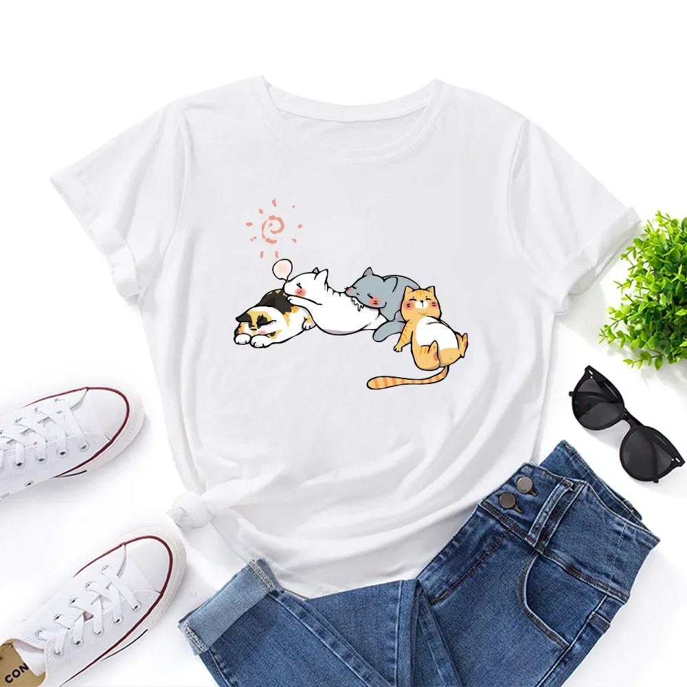 Camiseta 100% de algodón para mujer, camisetas holgadas con estampado de gato durmiente, camiseta de manga corta para mujer, Tops para mujer