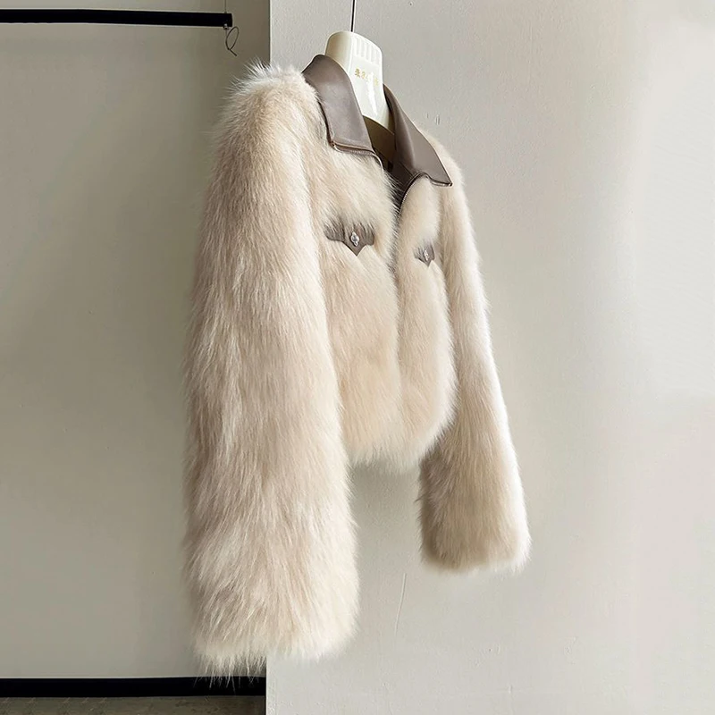 Abrigos cortos de piel de zorro sintética para mujer, moda coreana de retazos, prendas de vestir exteriores de piel peluda que combinan con todo, ropa de calle femenina Y2K, abrigo cálido de manga larga