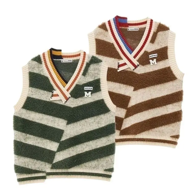 

Contrast Striped Knit Sweater Woman Autumn and Winter V-neck Sleeveless Loose Pollover Vest Fashionable Lazy Style Casual Tops