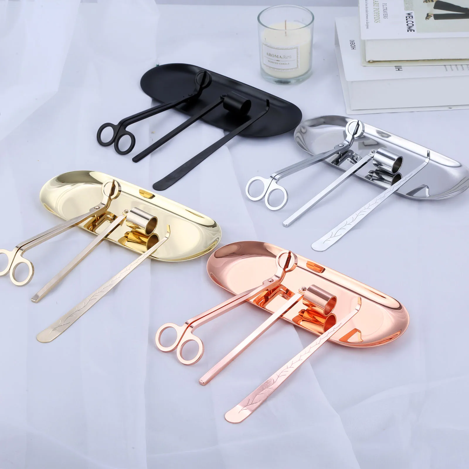 4pcs/1kit Candle Care Set Making Scissors Wick Trimmer Dipper Snuffer Oval Tray Stainless Steel Tools Minimal luxury Home Decor