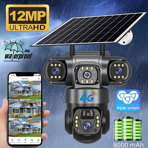 Cámara Solar 4G, 12MP, 6K, tres lentes, Monitor de tres pantallas, visión nocturna, protección de seguridad, videovigilancia PTZ, cámara web V380 CCTV