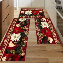 Christmas Poinsettia Floral Kitchen Mat Decor Non-Slip Laundry Room Mats Hallway Balcony Rugs Bedroom Mat Christmas Decorations