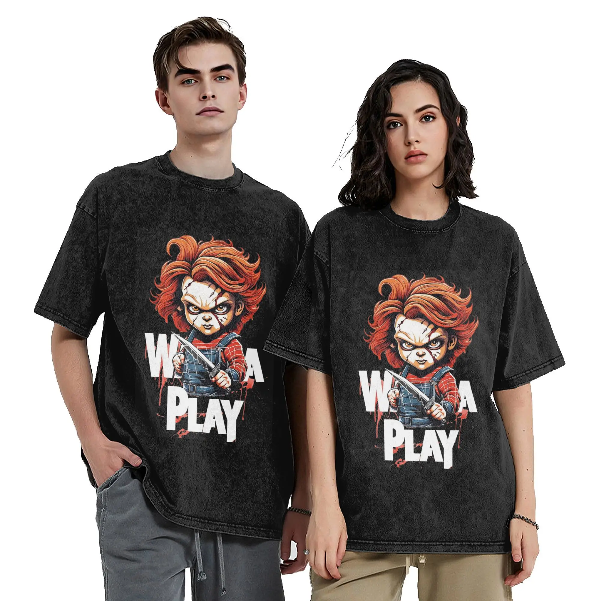 Leisure Fear Of Samael  Chucky Vintage Washed T-Shirt For Men Women Cotton Short Sleeve Horror Child's Play Summer Top Tee