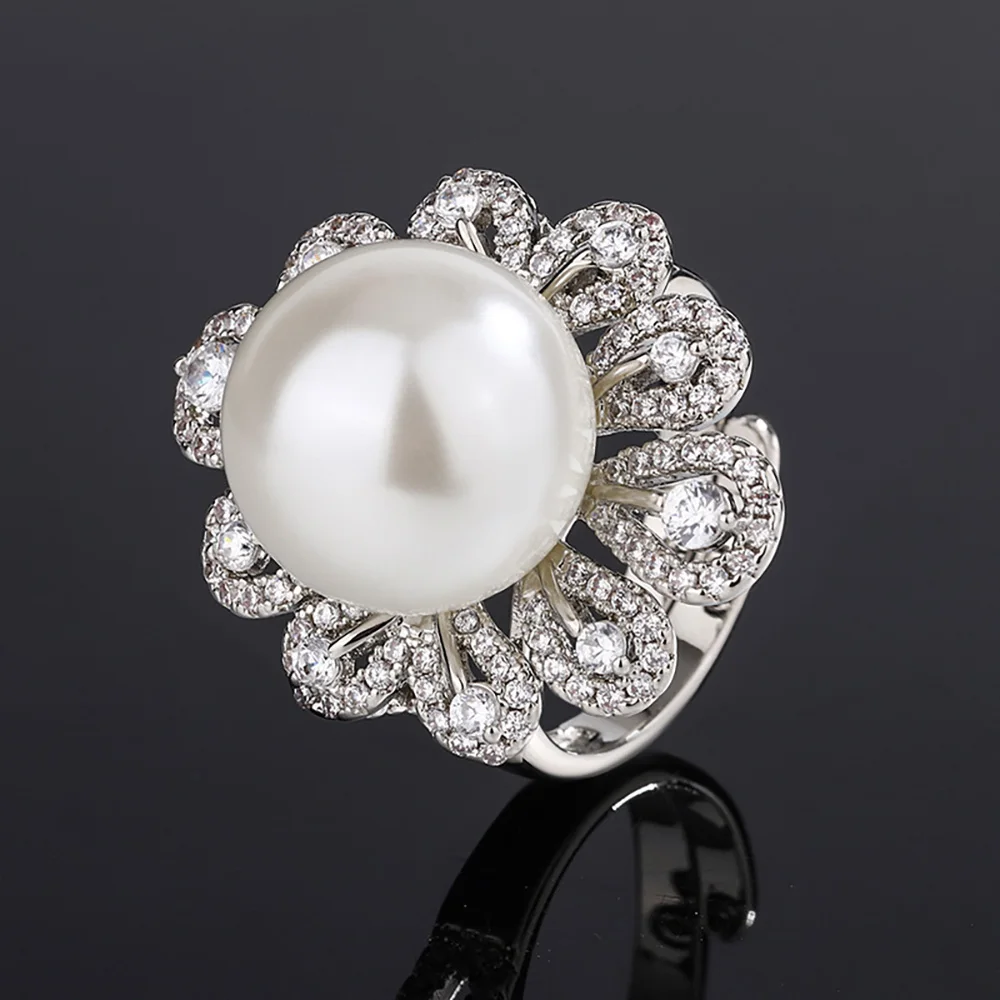 2023 New 14MM White Black Big Pearl Adjustable Flower Rings for Women Lab Diamond Cocktail Party Fine Jewelry Accessories Gifts