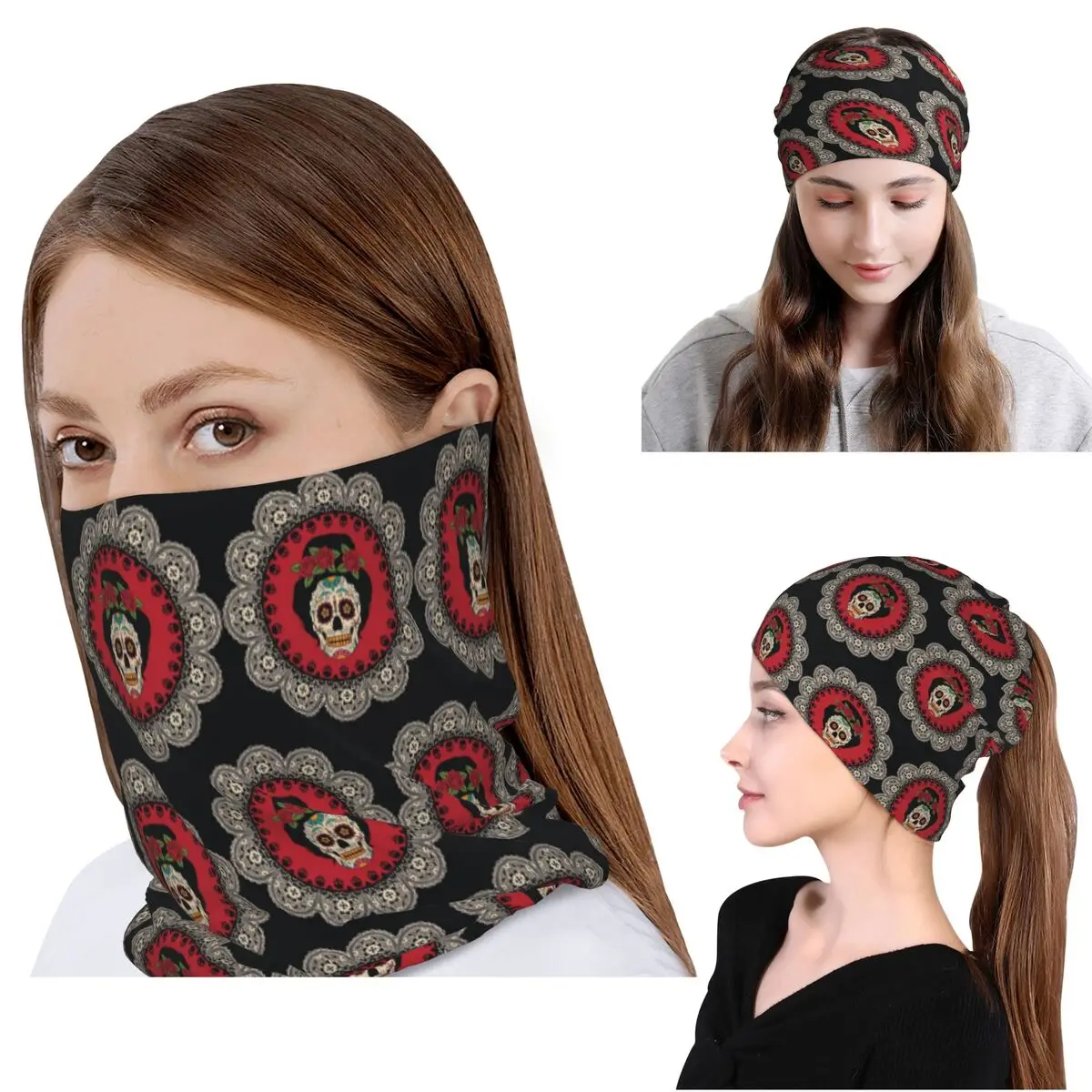 Mexican Skull Woman Bandana Neck Cover Mask Scarf Multifunction Headband Beanies Hat for Men Women Adult Windproof