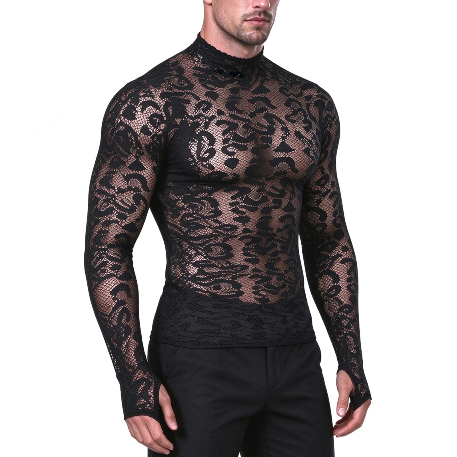 Sexy durchsichtiges Leoparden-T-Shirt, Netzstoff, langärmelig, Spitzen-Unterhemd, Herbst, Stehkragen-T-Shirt, transparente Oberteile mit Fingerbündchen – Detail 3