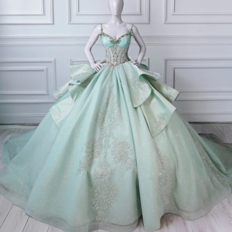 

Shiny Cyan Quinceanera Dresses Off the Shoulder Glitter Crystal Decal Layering Long tail Vestido e 15 Quinceanera Customize