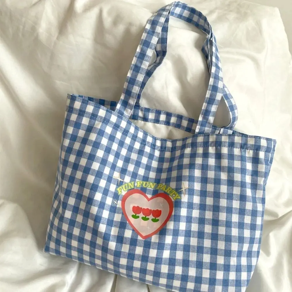 New Fashion Sweet Pink Blue Plaid Tulip Tote Bag Handbag with Phone Pouch Student Large Capacity School Bag Single Shoulder Bag