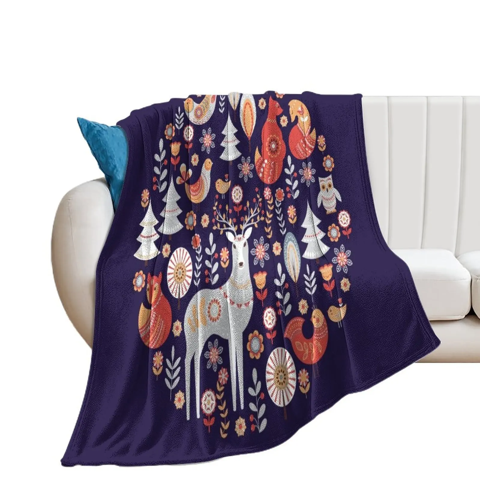 

Fairy-tale forest. Foxes, deer, birds, owls, flowers and herbs on a blue background. Throw Blanket Thermals For Travel Blankets