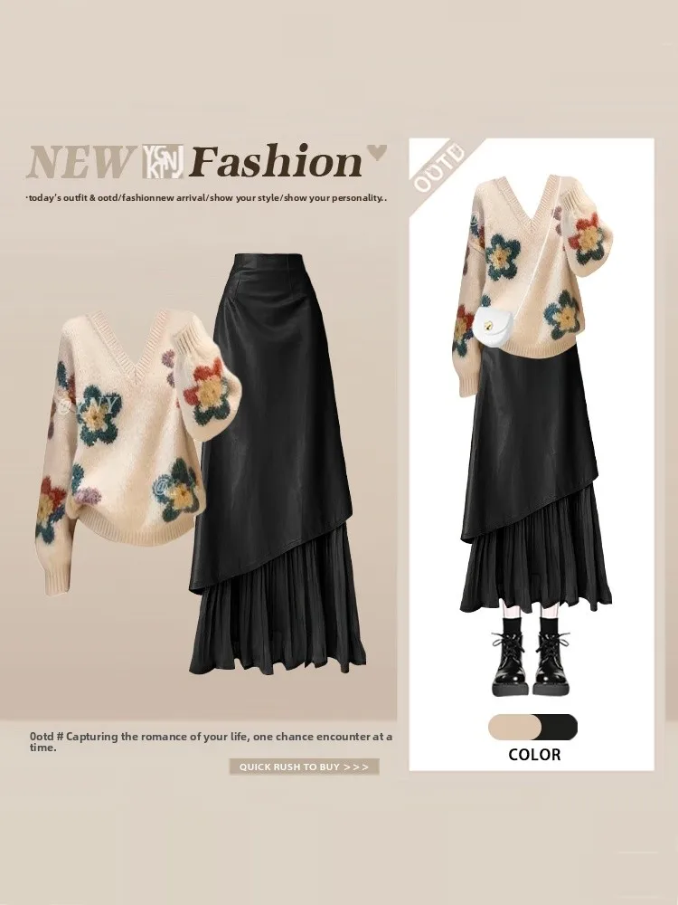 

Spring Knitted Floral V-Ne Loose Sweater And Skirt Set Women's Faion Ensemble Light Maturi Sle f Body Skirt
