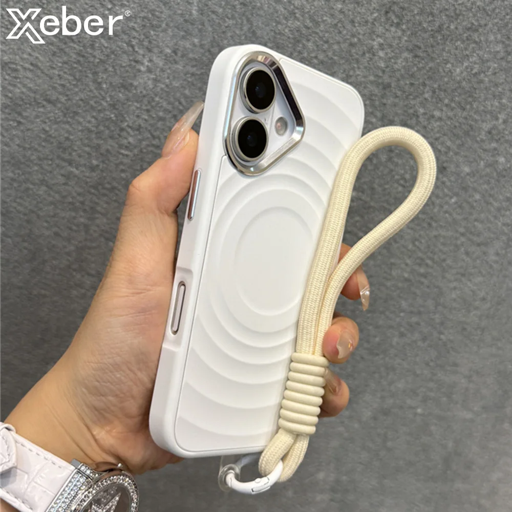 

Luxury With Lanyard Wrist Strap Wave For Magsafe Phone Case For IPhone 13 14 15 16 Pro Max Wireless Charge Silicone Matte Cover