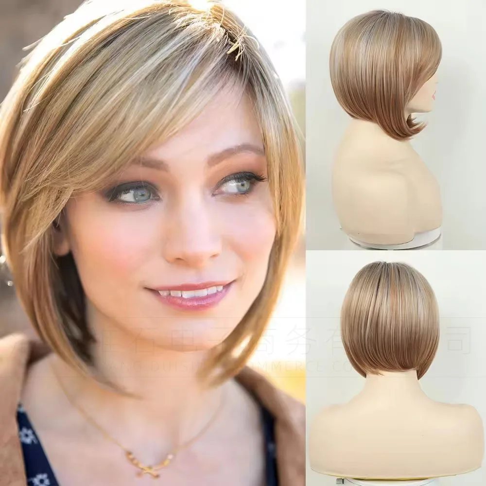 

Женский парик с короткими волосами, золотисто-коричневый омбре, с боковой чёлкой, парик-боб из синтетического волокна