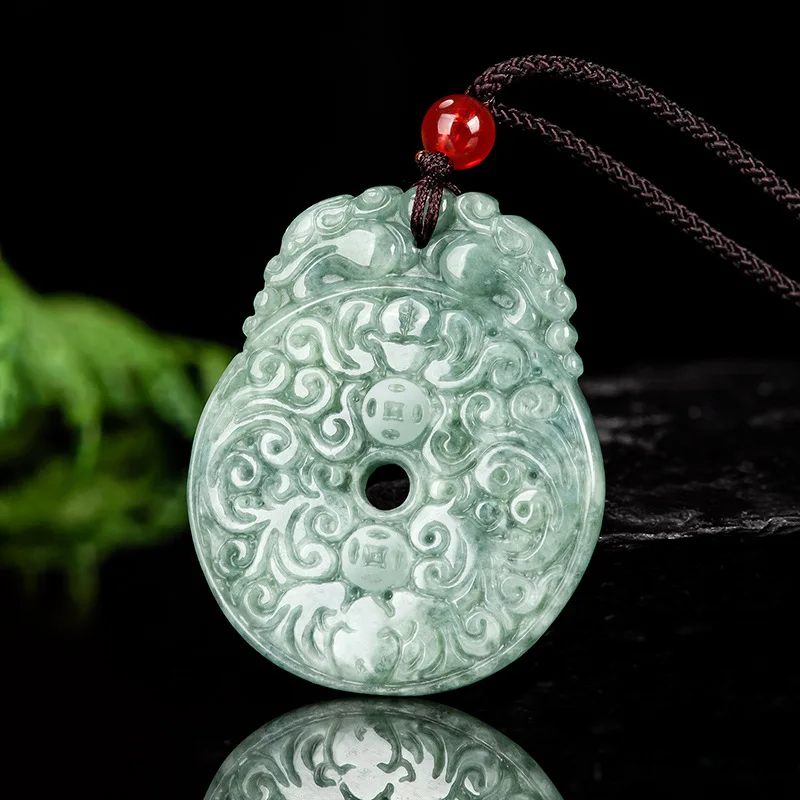 Genuine Natural Jadeite  Green Color  Double Dragon Design Fortune Arrives Theme  Antique Style Jade Pendant Safe-keeping Charm