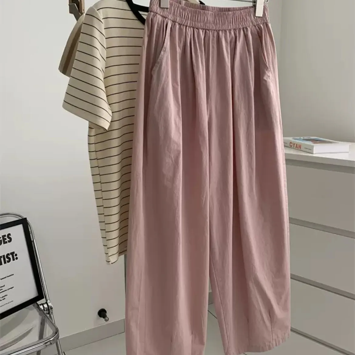 일본식 루즈핏 와이드 팬츠 여성 여름 플러스 사이즈 배형 슬림 나인 포인트 할머니 스타일 트렌디 캐주얼 바지