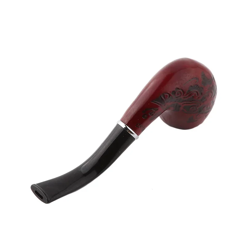 Solid Wood Resin Tobacco Pipe Red Black Pattern Carving Smoke Pipe Elbow Roll Filter Cigarette Holder Herb Grinder Smoking Tools