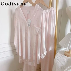 Japanese Cute Pajamas Women's Long-sleeved Trousers Skin-friendly Loungewear Loose White Nightdress Ladie's Nightwear