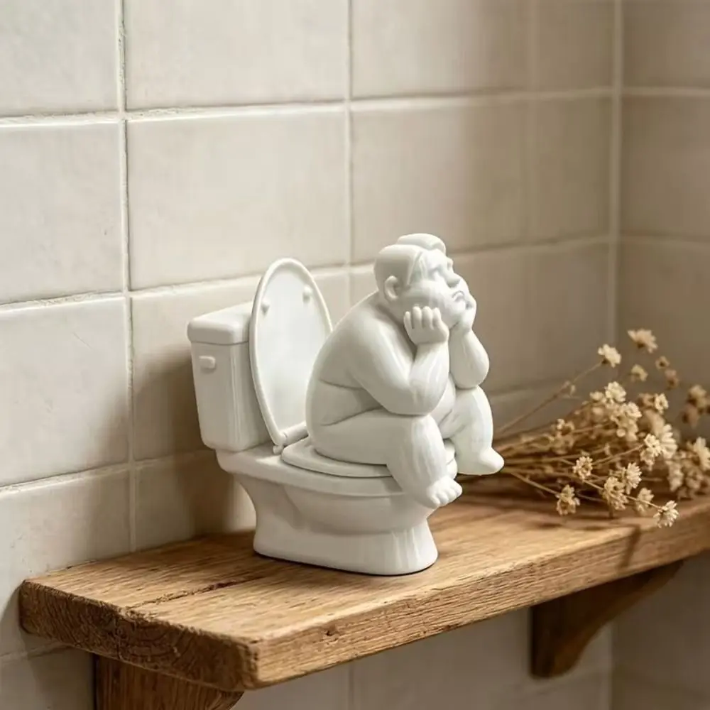 3D Printed Toilet Thinker Figurine Cute Novelty Bathroom Thinker Statue White Gift Desktop Small Ornament Bathroom Decor