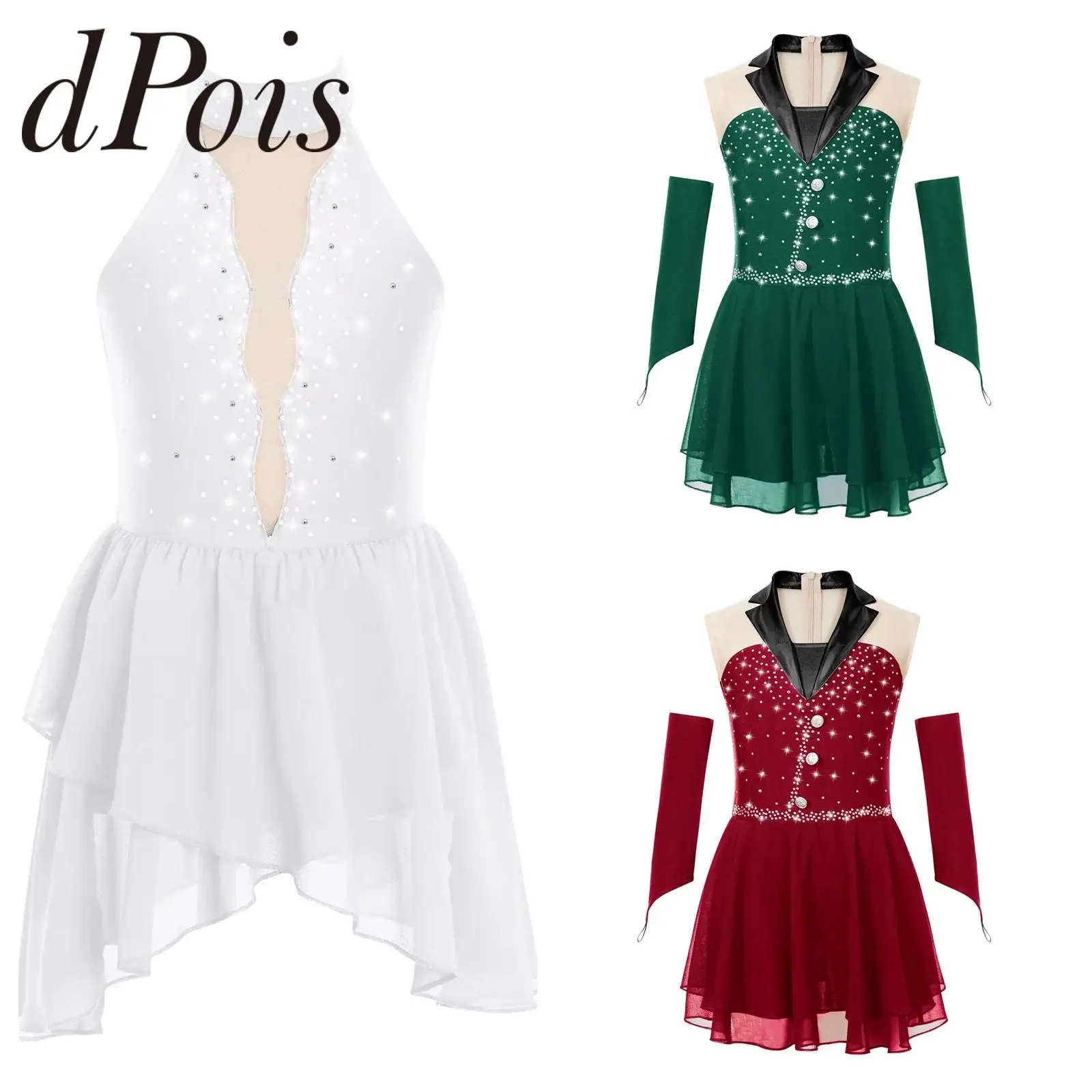 Children Firgure Skating Dresses Dancewear Kids Girls Rhinestone Lyrical Dance Costume Gymnastics Leotard Teen Ballet Dress