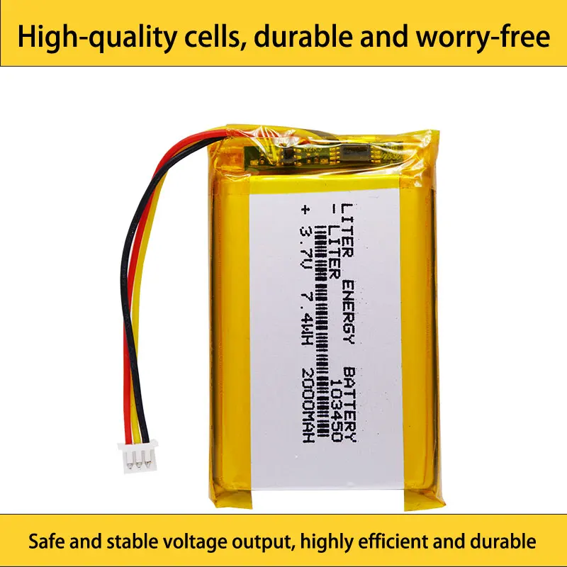 li-po 1.25mm connector 103450 3.7V 2000MAH lipo polymer lithium rechargeable battery GPS navigator DVD recorder headset e-book