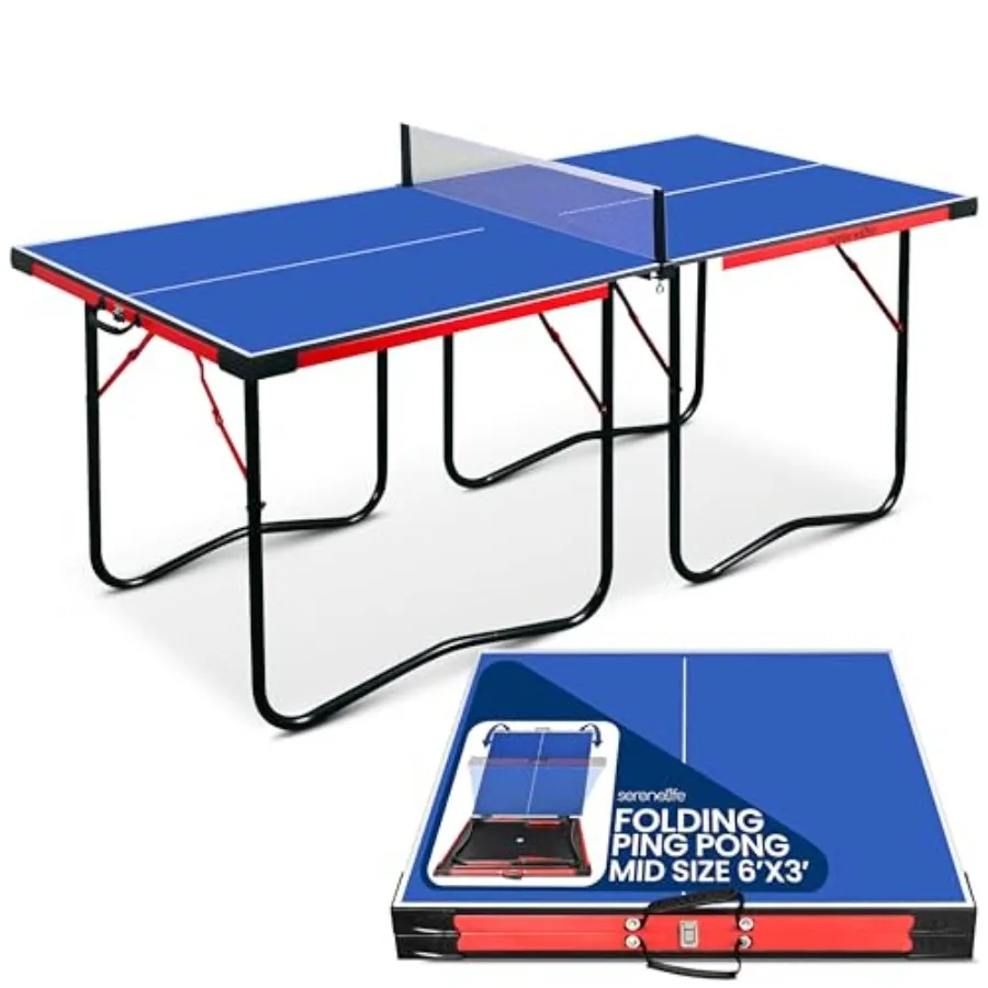 

Midsize Foldable Ping Pong Table Set with Net Clipper Post - 6' x 3' Portable Space-Saving Design Blue