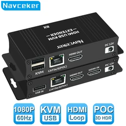 60M HDMI KVM Extender over Ethernet Cat5e/6 1080P HDMI USB Extender Video Audio Extension Transmitter Support USB Keyboard Mouse