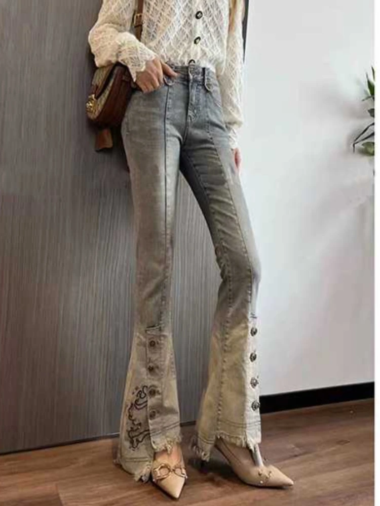 

Осень 2023, новые джинсы с высокой талией в стиле ретро, тяжелая промышленность, вышивка бисером, дизайн с кисточками, модные уличные брюки