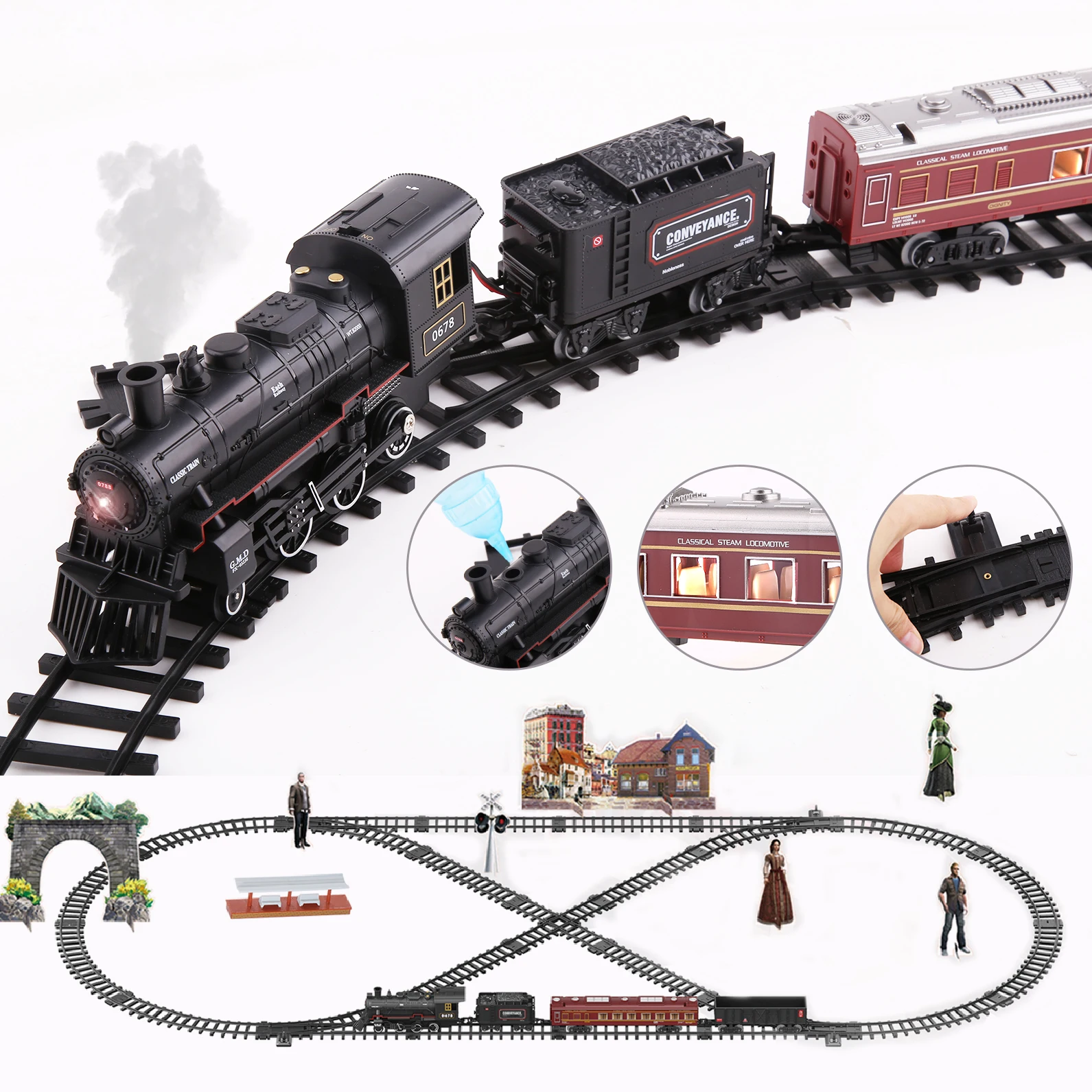 Classical Battery Operate Electric Railway Train Steam Locomotive Set Adding Water to Smoke Train Toys with Light&Sound   ﻿