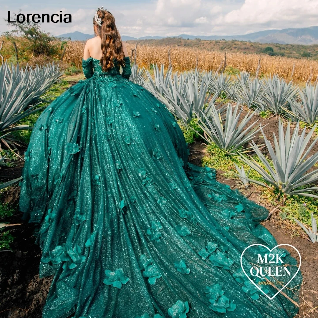 

Lorencia Mexican Green Quinceanera Dress Ball Gown 3D Flowers Applique Beading Long Sleeve Sweet 16 Vestidos De 15 Años YQD889