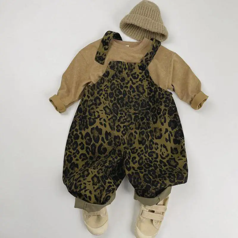 2024 Autumn New Children Overalls Vintage Girls Leopard Overalls Kids Bib Pants Baby Boys Strap Trousers Kids Clothes