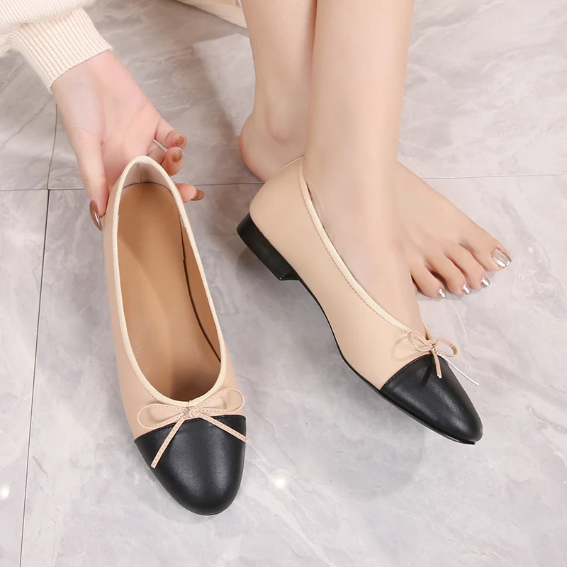 2023 سيدة اللون كتلة الكلاسيكية تويد المشمش لينة الجلود الباليه الشقق تنوعا جولة تو القوس الضحلة الباليه حذاء واحد النساء #4