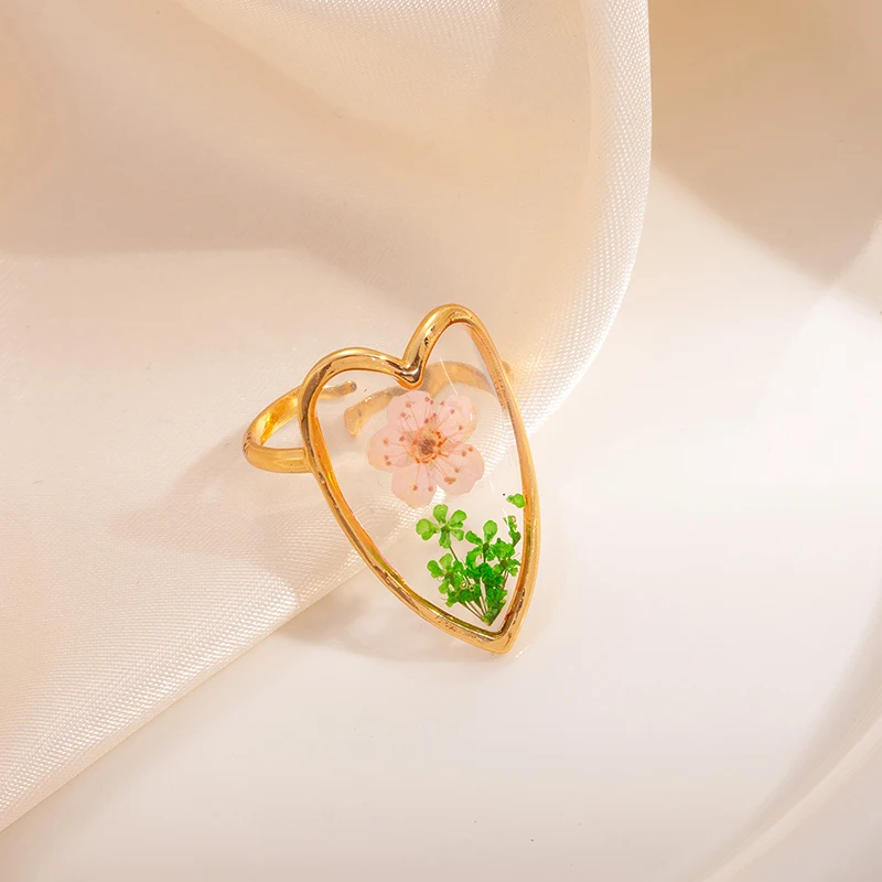 ANENJERY 316L Stainless Steel Heart Oval Inlaid Immortal Flower Open Ring For Women New Trend Fashion Niche Design Jewelry Gifts