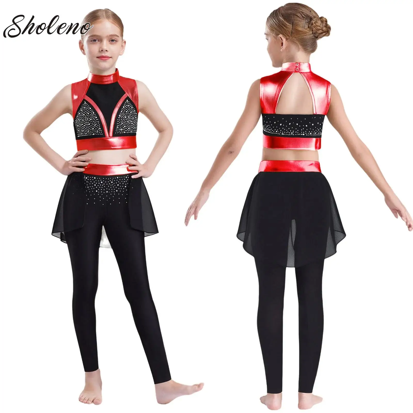 

Kids Girls Figure Skating Costume Sport Suits Ballet Dance Gymnastic Figure Skating Shiny Rhinestones Crop Top + Leggings Pants